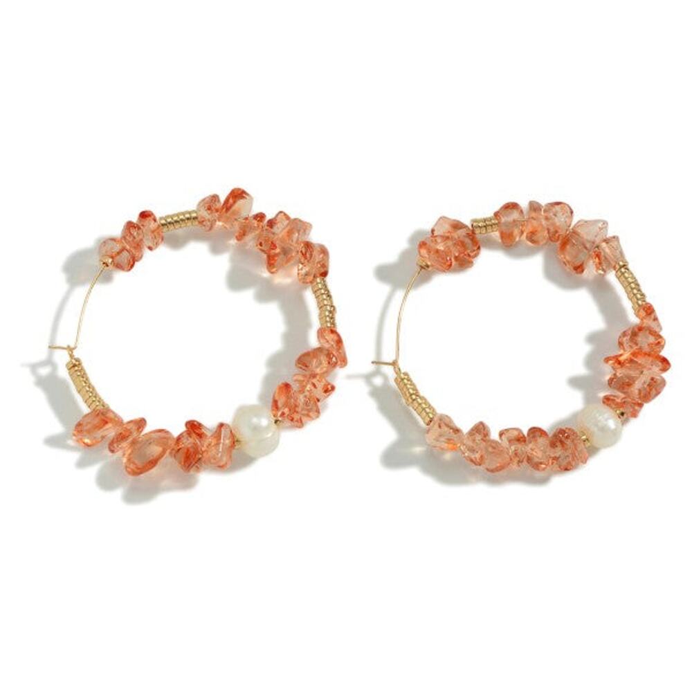 Beaded Hoop Earrings with Orange, Pearl & Gold Accents